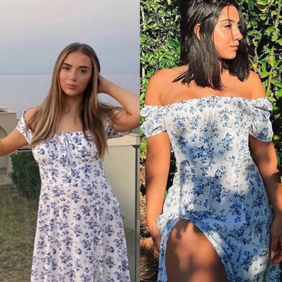 Floral Print White Flared Dress Puff Short Sleeve Leg Slit - Picture 9 of 16